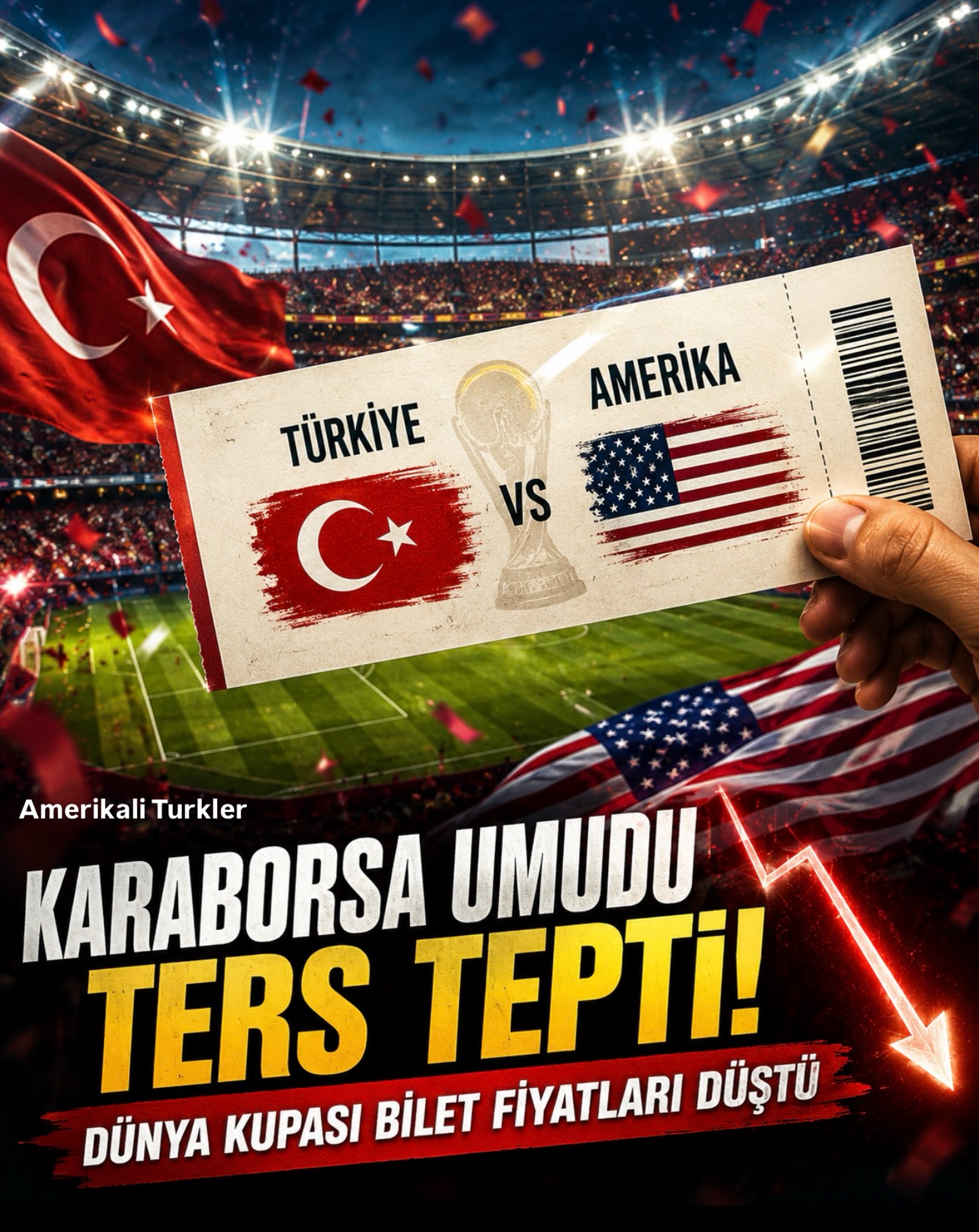 🎟️ Karaborsa Umudu Ters Tepti: Dünya Kupası Bilet Fiyatları Düştü

2026 FIFA Dünya Kupası için aylar önce uçuk fiyatlara çıkan bazı maç biletlerinde sert düşüş yaşanıyor.

TicketData verilerine göre:🇺🇸 ABD - Türkiye maç biletleri yaklaşık %46🇹🇷 Avustralya - Türkiye maç biletleri ise yaklaşık %60 değer kaybetti.

Düşüşlerin çoğu StubHub, SeatGeek ve benzeri ikinci el bilet satış platformlarında görülüyor.

İddiaya göre birçok kişi biletleri yüksek fiyata satıp büyük kâr etmeyi planladı. Ancak beklenen yoğun talep oluşmayınca satıcılar fiyat düşürmeye başladı.

Özellikle grup maçlarında:🎟️ Çok fazla biletin satışa çıkması💸 Otel ve seyahat masraflarının aşırı yükselmesi📉 Taraftarların yüksek fiyatlara tepki göstermesi

gibi nedenlerin etkili olduğu konuşuluyor.

Bazı maçların fiyatları hâlâ yüksek olsa da, uzmanlara göre turnuva tarihi yaklaştıkça özellikle grup aşaması maçlarında daha büyük fiyat düşüşleri yaşanabileceği söyleniyor