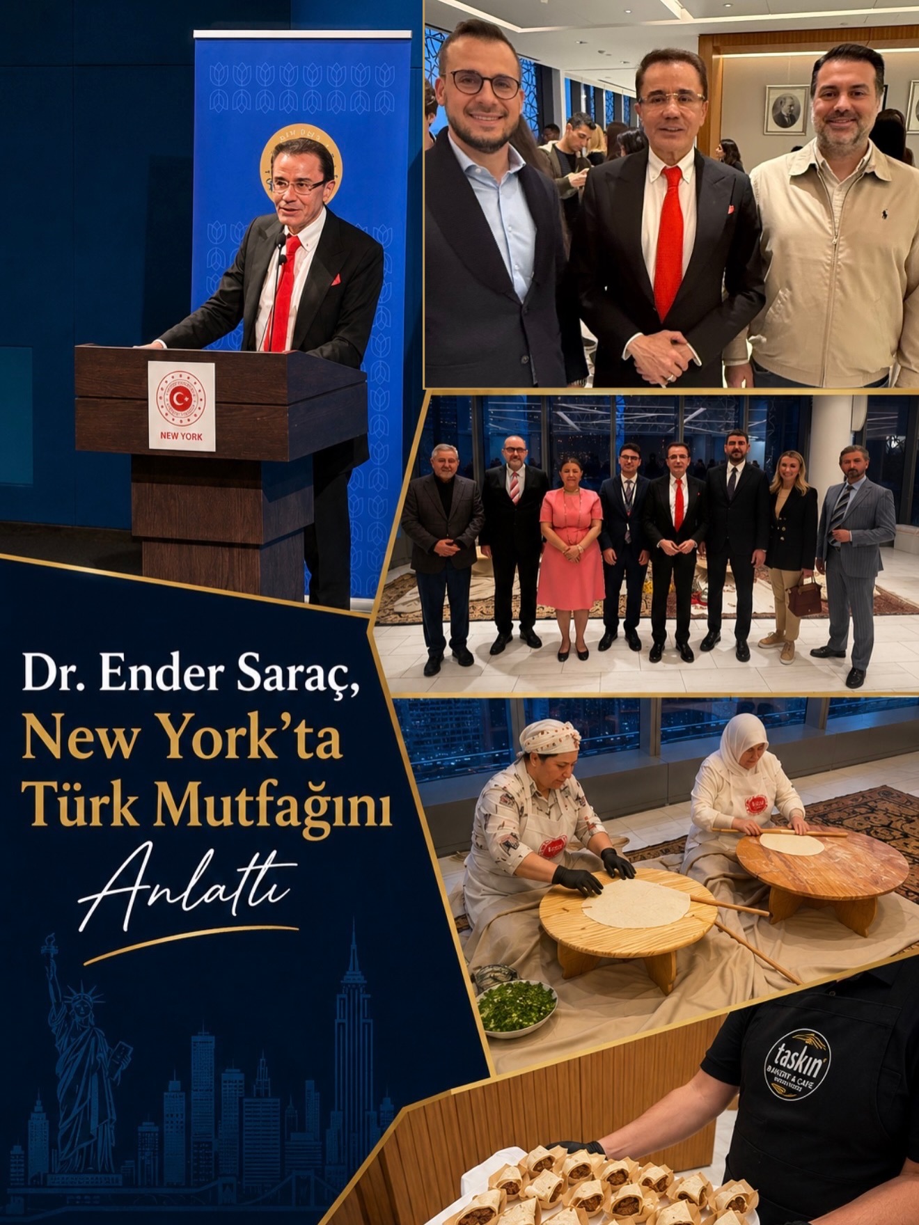 Gastro Turizm Derneği’nin @gastronomiturizmidernegi organize ettiği New York’taki etkinlikte adeta Türk lezzeti şöleni yaşandı 🇹🇷🔥

Türkevi’nde düzenlenen Gastro Show’da Türk mutfağı bu kez yalnızca eşsiz tatlarıyla değil, sağlıklı ve doğal yönleriyle de uluslararası misafirlere tanıtıldı. Etkinliğin konuşmacısı olan Dr. Ender Saraç @haydrendersarac , gece boyunca ilginin odağındaydı.

Yıllardır sağlıklı yaşam ve beslenme alanındaki çalışmalarıyla tanınan Dr. Saraç, İngilizce gerçekleştirdiği sunumda Türk mutfağının aslında ne kadar güçlü ve şifalı bir mutfak olduğunu anlattı. Antioksidanlardan doğal beslenmeye, bağışıklık sisteminden geleneksel tariflerin faydalarına kadar yaptığı anlatım yabancı davetliler tarafından büyük ilgiyle takip edildi.

Gece boyunca misafirlere Türk mutfağının en sevilen lezzetleri ikram edildi. @taskinbakery Taşkın Bakery’nin özenle hazırladığı ürünler davetlilerden tam not aldı. Özellikle kadınların saç üzerinde açarak hazırladığı sıcak gözlemeler geceye damga vurdu.

Etkinliğe katılan birçok Amerikalı ve yabancı davetli, Türk mutfağının sadece lezzetli değil aynı zamanda doğal, dengeli ve sağlıklı bir mutfak olduğunu ifade etti.

Türk Hava Yolları’nın sponsorluğunda gerçekleşen organizasyon, New York’taki Türkevi’nde iş, medya, gastronomi ve diplomasi dünyasından birçok ismi bir araya getirdi.