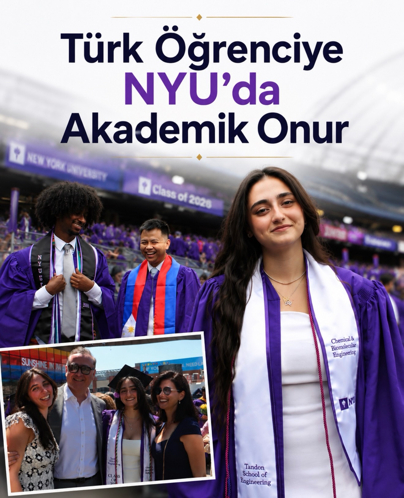 Amerika’daki Türk gençlerinin başarı hikâyelerine bir yenisi daha eklendi.
Gülse Kayra Oğuz @kyraogz , New York University bünyesindeki NYU Tandon School of Engineering Kimya ve Biyomoleküler Mühendisliği bölümünden lisans derecesiyle mezun oldu.
2026 mezuniyet döneminde bölümündeki sayılı Türk öğrenciler arasında yer alan Oğuz, aynı zamanda kendi bölümündeki tek Türk öğrenci olarak dikkat çekti.
Akademik başarısıyla öne çıkan başarılı mezun, biyokimya ve yaşam bilimleri alanlarında üstün performans gösteren öğrencilere verilen “Albert E. Sobel Award” ödülüne layık görüldü.
Mühendislik etiği ve mesleki sorumluluğu simgeleyen Engineering Ring Ceremony’ye de katılan Gülse Kayra Oğuz, Amerika’daki Türk gençliğini ve Türk kadınlarını mühendislik alanında temsil etmekten gurur duyduğunu ifade etti.
Gülse Kayra Oğuz’u bu önemli başarısından dolayı tebrik ediyor, eğitim ve kariyer hayatında başarılarının devamını diliyoruz.