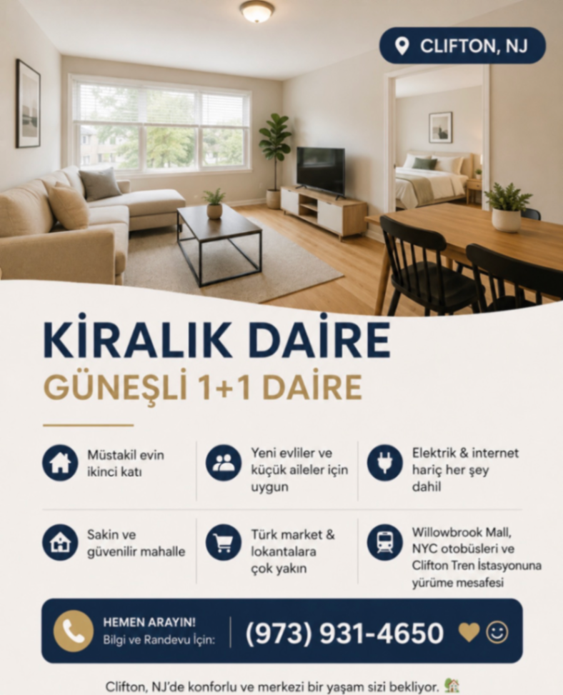 Clifton, NJ’de Kiralık 1+1 Daire